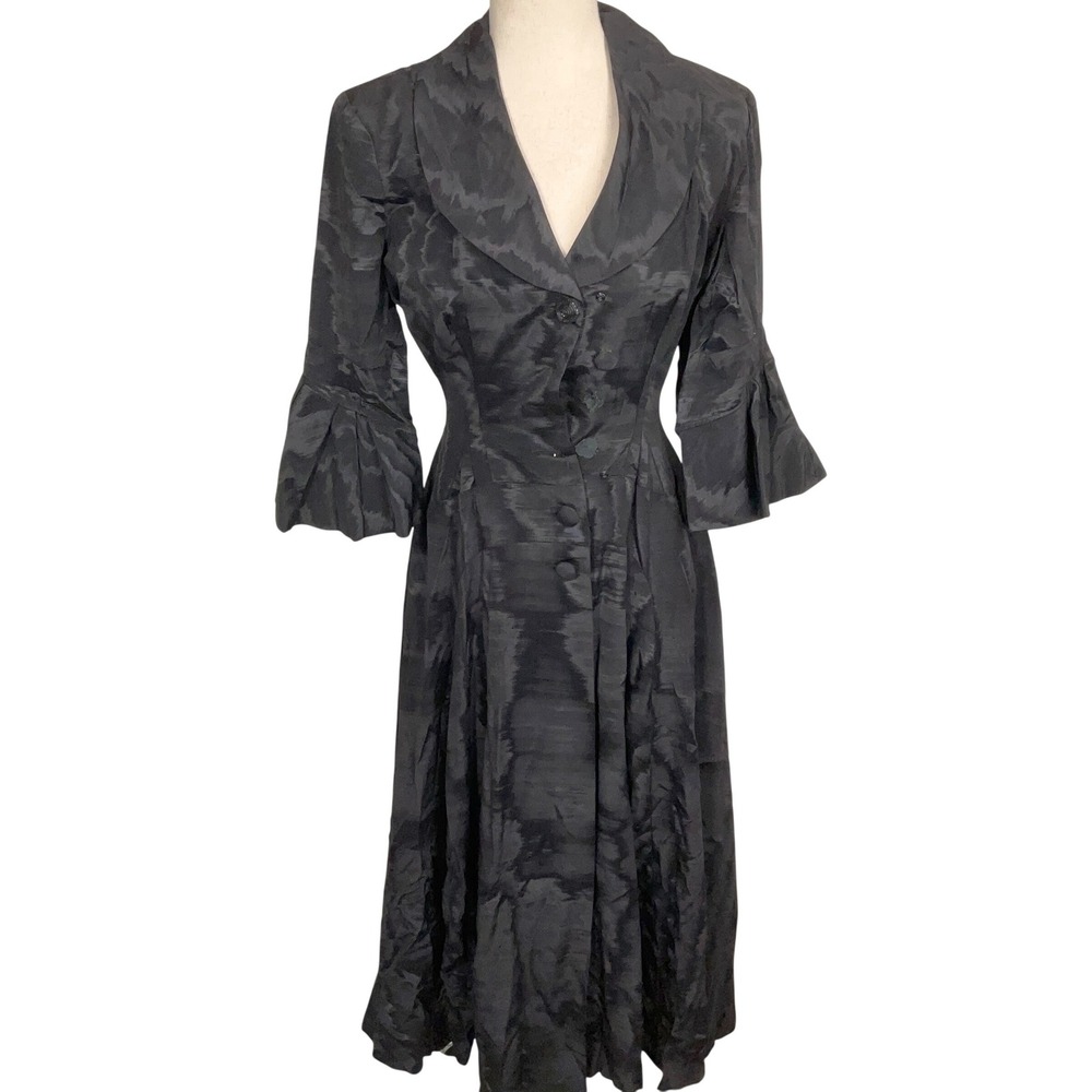 Vintage Coat Dress Women M Black Moire Taffeta Midi Retro Glam Romantic 50s VTG
